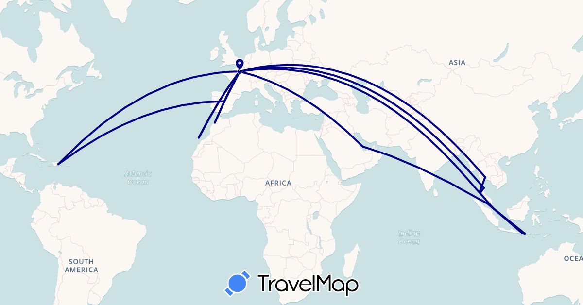 TravelMap itinerary: driving in Dominican Republic, Spain, France, Indonesia, Morocco, Malaysia, Qatar, Singapore, Thailand (Africa, Asia, Europe, North America)